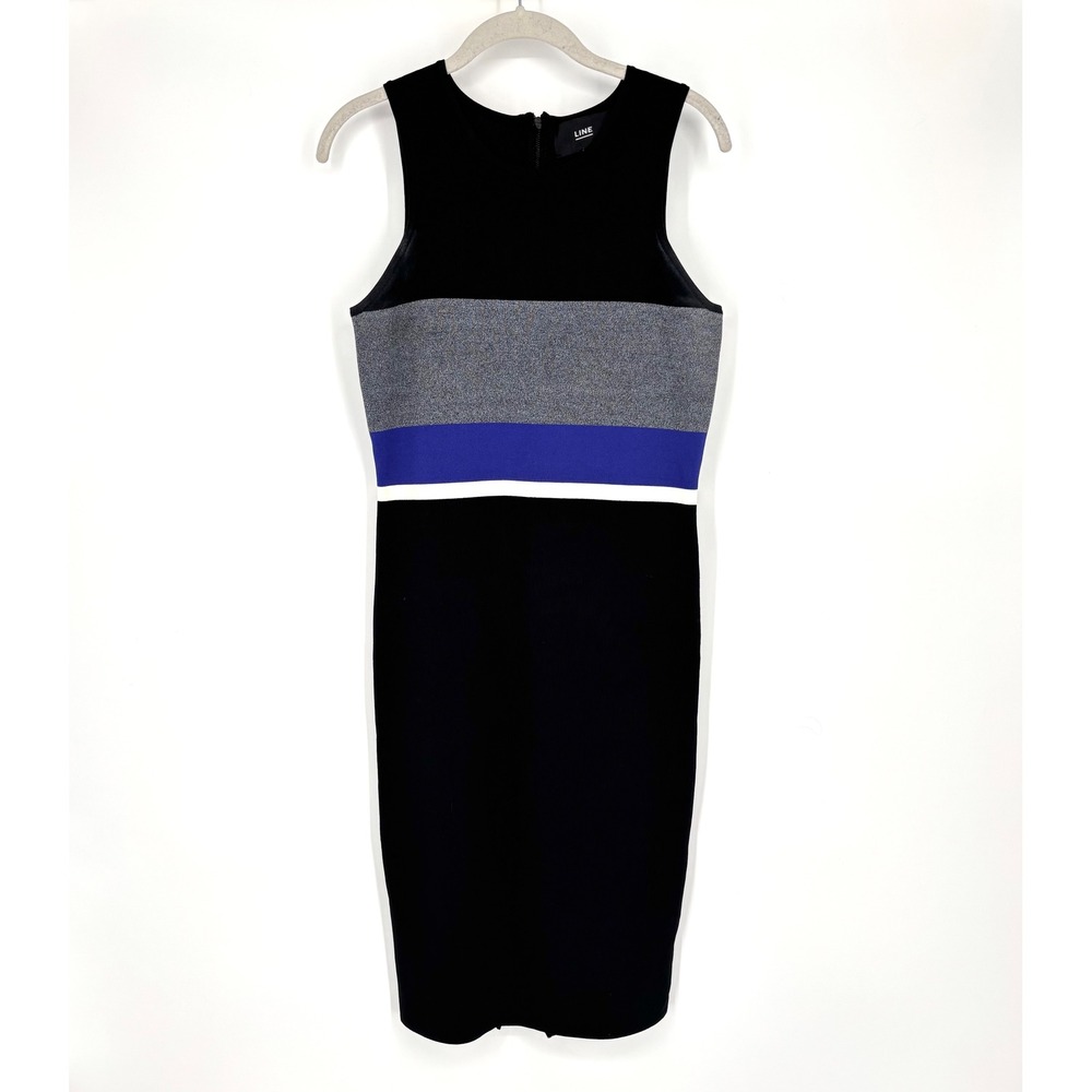 Line The Label Ribbed Midi Dress‎ Sz L Black Blue Stripe Full Zip Sheath Bodycon